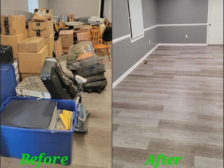 Before and after a G.O.A.T. house cleanout: a room full of boxes, then empty